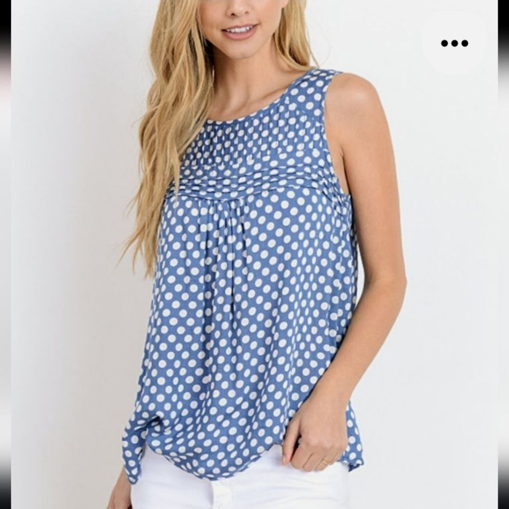 Doe & Rae Blue and White Polka Dot Sleeveless Blouse